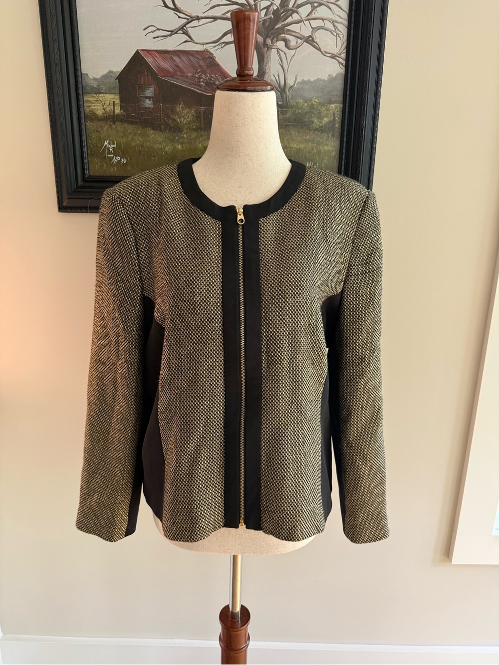 Ted Baker Black & Gold Tweed Zip Blazer Jacket Sz. 5